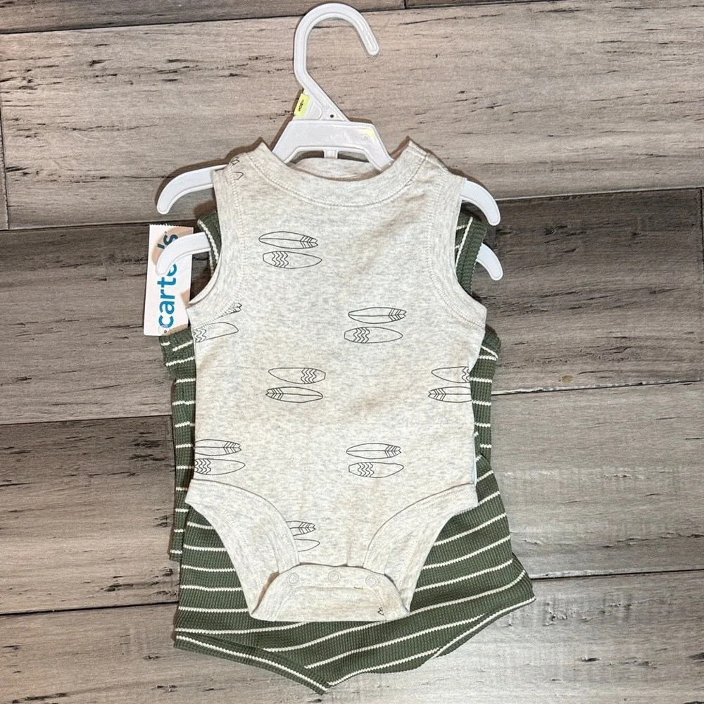 NWT Carter's Olive Stripe & Heather Surfboard Sleeveless Baby Bodysuits